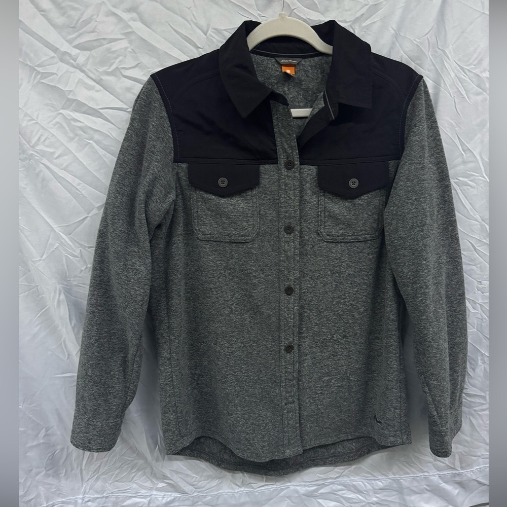 Eddie Bauer Gray and Black Fleece Button-Up Shirt Jacket size S